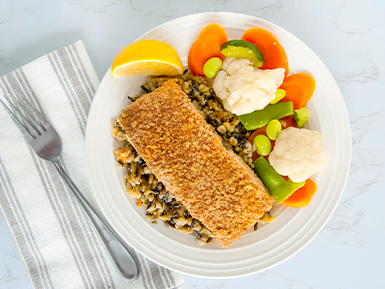 Herbed Baked Salmon with Veggie Blend and a Three Grain Rice Pilaf